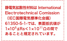 静電気拡散性材料は International Electrotechnical Comission（IEC国際電気標準化会議）61350-5-1-では、表面抵抗値が1×105≦Rs＜1×1011Ωの間であることと規定されています。